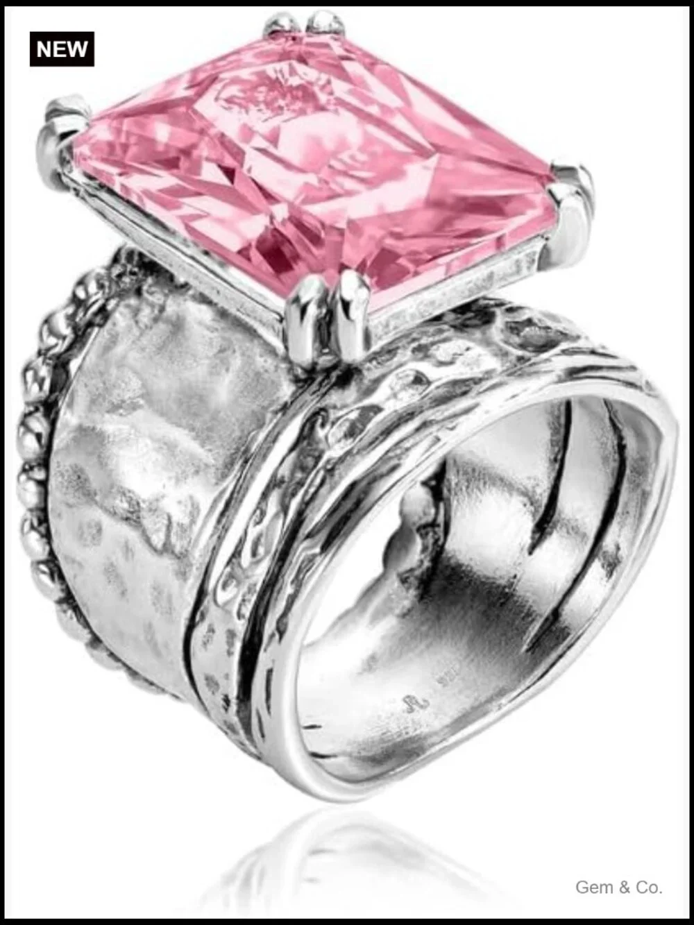 925 Sterling Silver Statement Ring - Hammered Vintage Octagon CZ